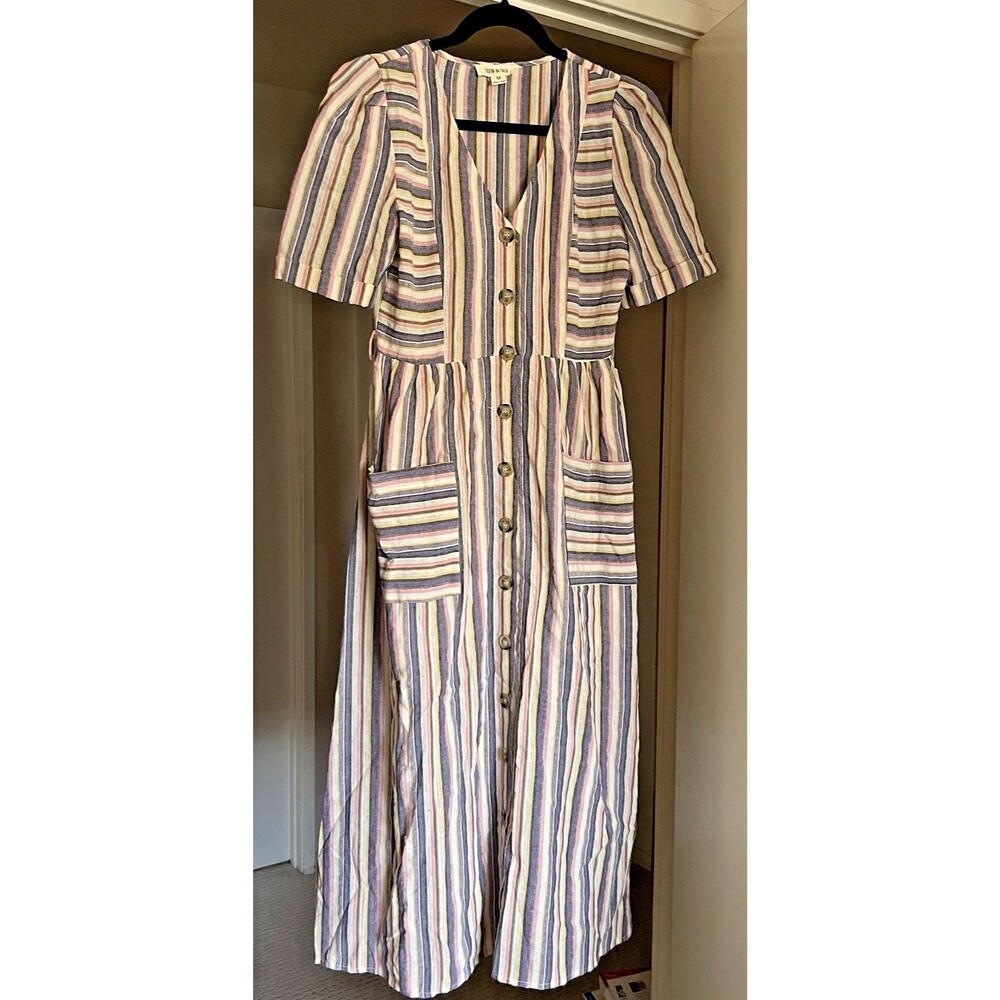 Fashion on Earth Striped Maxi Dress Size M Cream Pink Button Down Pockets Cotton